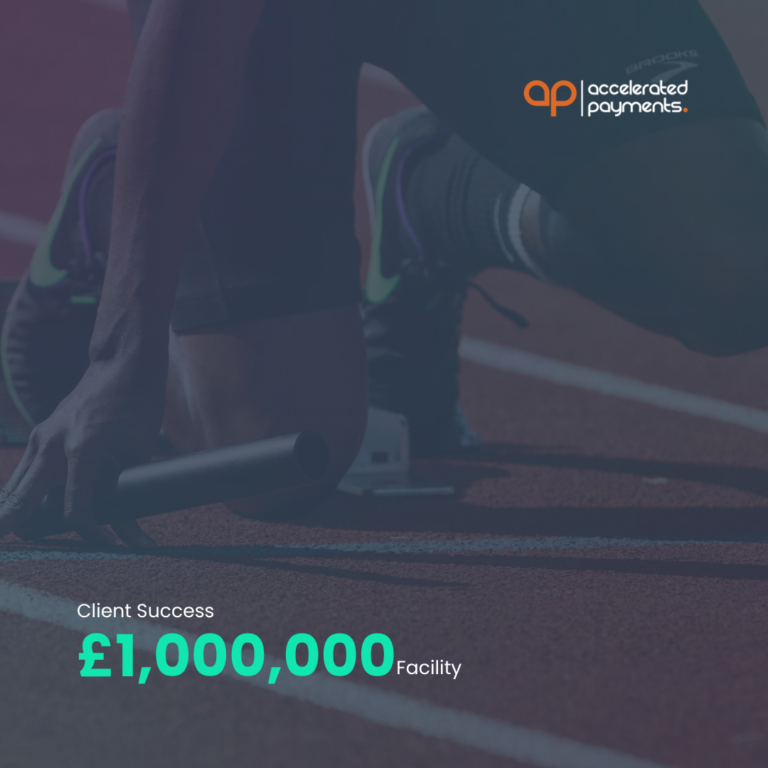 £1,000,000 facility client success text over pharma research workspace with accelerated payments logo