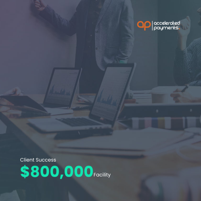 $800,000 facility for pharma and research provider—Accelerated Payments logo over a client success dashboard