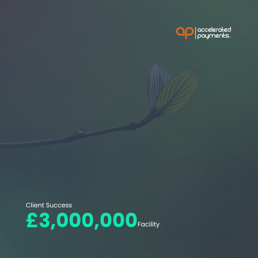 Accelerated Payments pharma invoice finance facility: £3,000,000 client success logo and funding text
