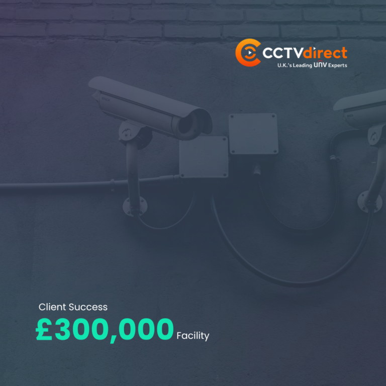 CCTV security camera monitoring facility with “CCTVdirect” logo and “Client Success £300,000 Facility” text