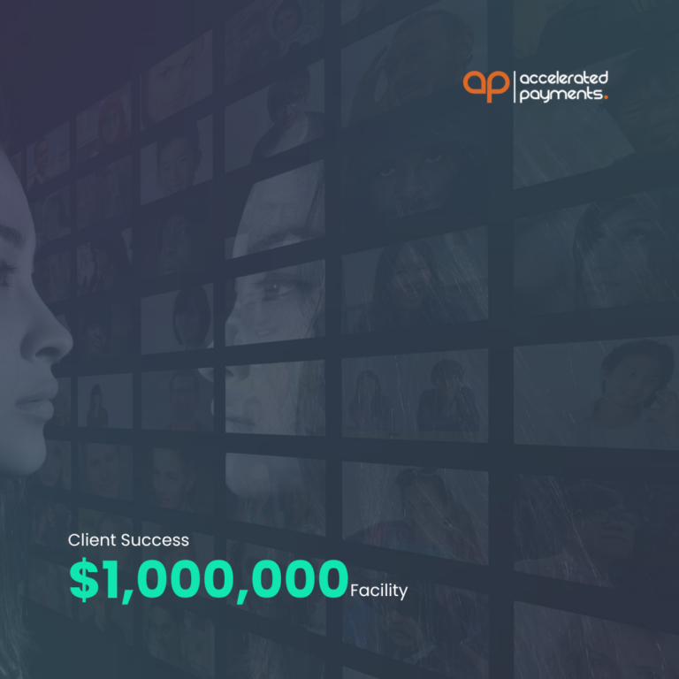 $1,000,000 invoice finance facility graphic with Accelerated Payments logo and client success stats