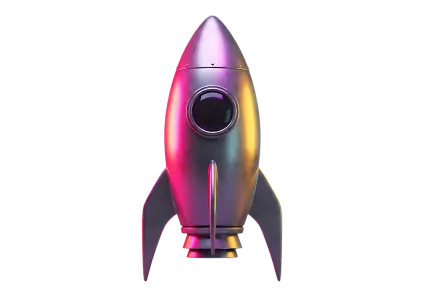 A stylised silver rocket with pink and yellow highlights, shown front-on on a transparent background